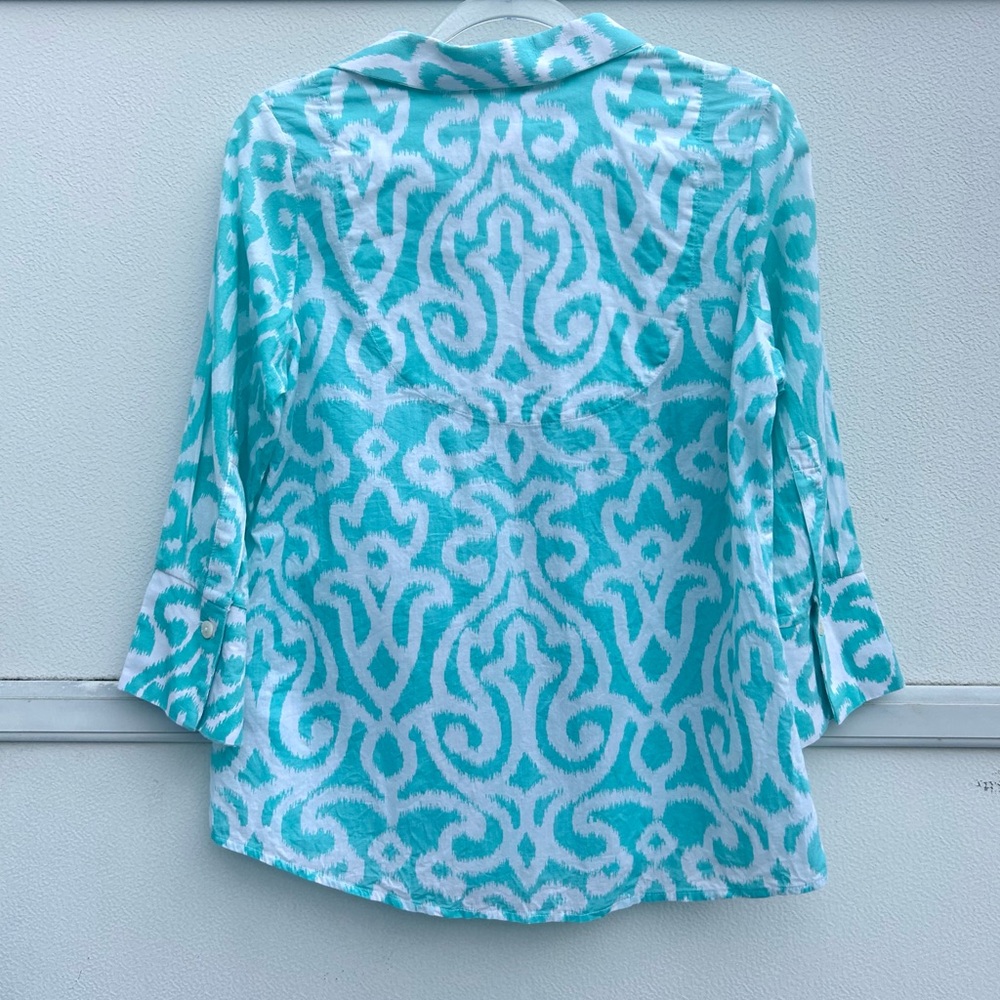 Gretchen Scott Top Women S Blue Button Up Everywhere Arabesque 100% Cotton Shirt - Picture 10 of 13